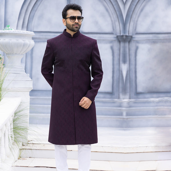 Sparkling Maroon Sherwani with Refined Embellishments