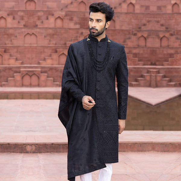 Charcoal Black Sherwani with Refined Detailing