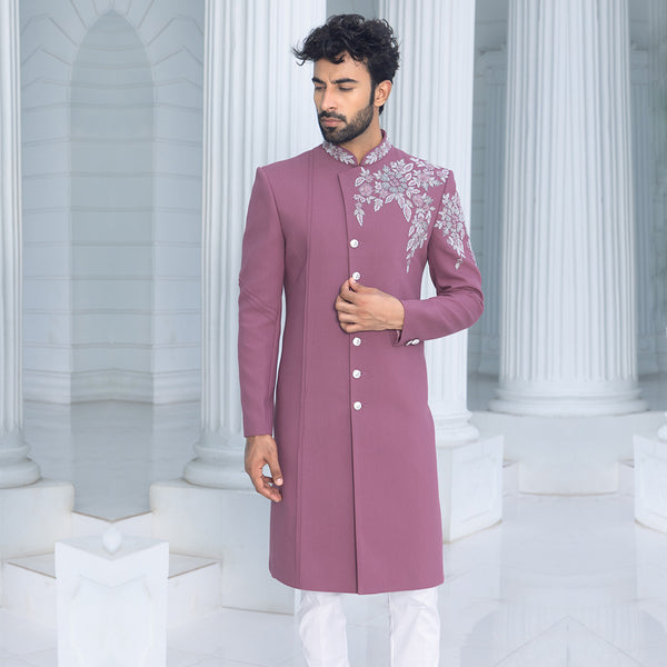 Charming Peach-Pink Sherwani with Delicate Floral Prints