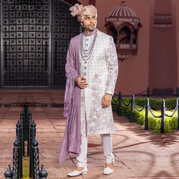 Exquisite Pink and Off-White Sherwani with Luxurious Embroidery