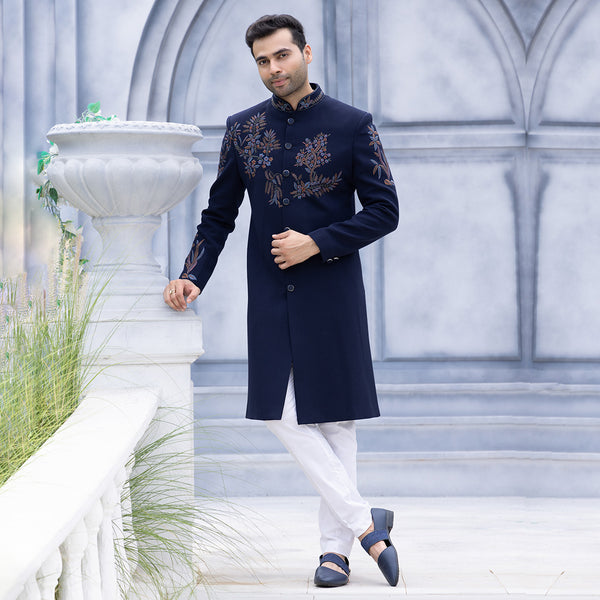 Royal Blue Sherwani with Exclusive Designer Prints