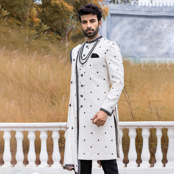 Stylish White Sherwani with Bold Black Spot Accents