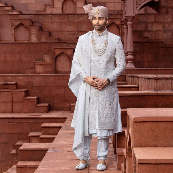 Intricate White Sherwani with Sophisticated Detailing