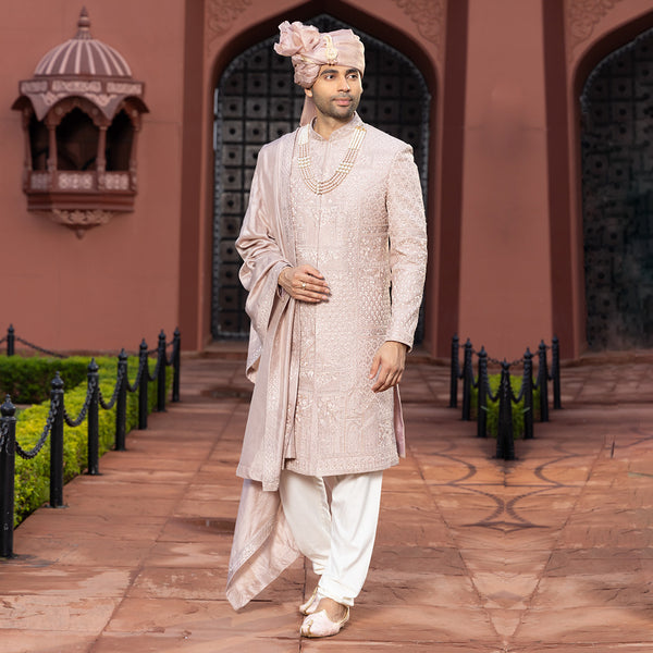 Refined Charming Peach Sherwani with Subtle Embroidery