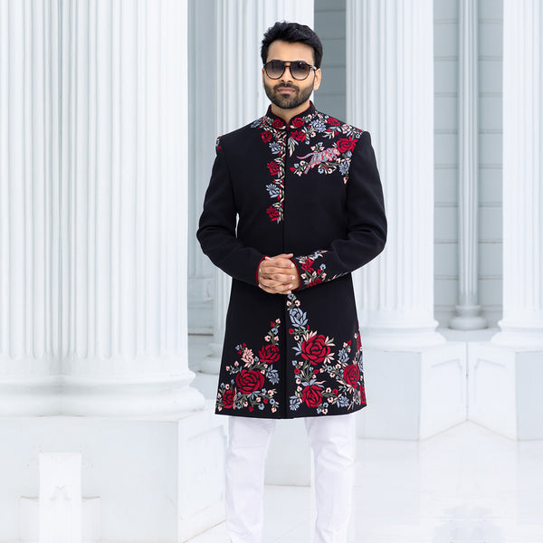 Elegant Black Sherwani with Intricate Rose Prints