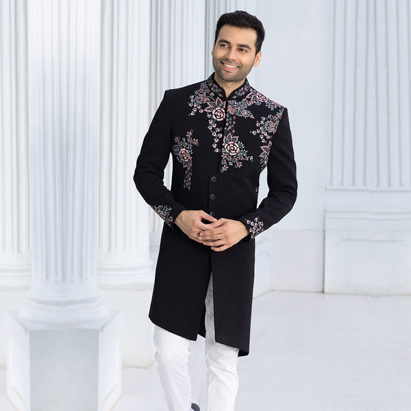 Opulent Black Sherwani with Exquisite Floral Motifs for Mens's