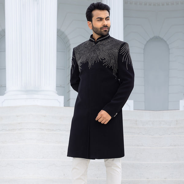 Stylish Black Sherwani with Intricate Prints