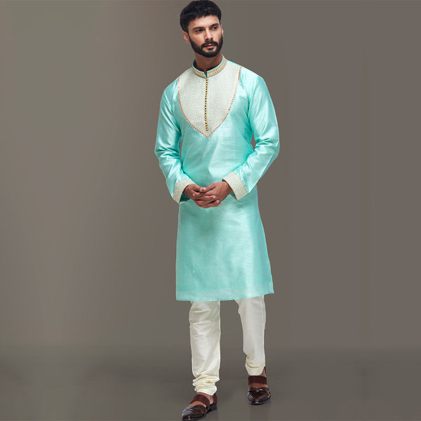 Men Sea Green Ethnic Kurta with Jacquard Neck Patch and Sleeves