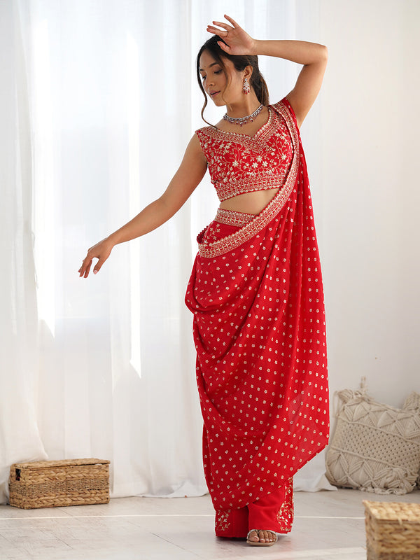 Tradition Crimson Elegance Red Fusion Indo-Western Saree