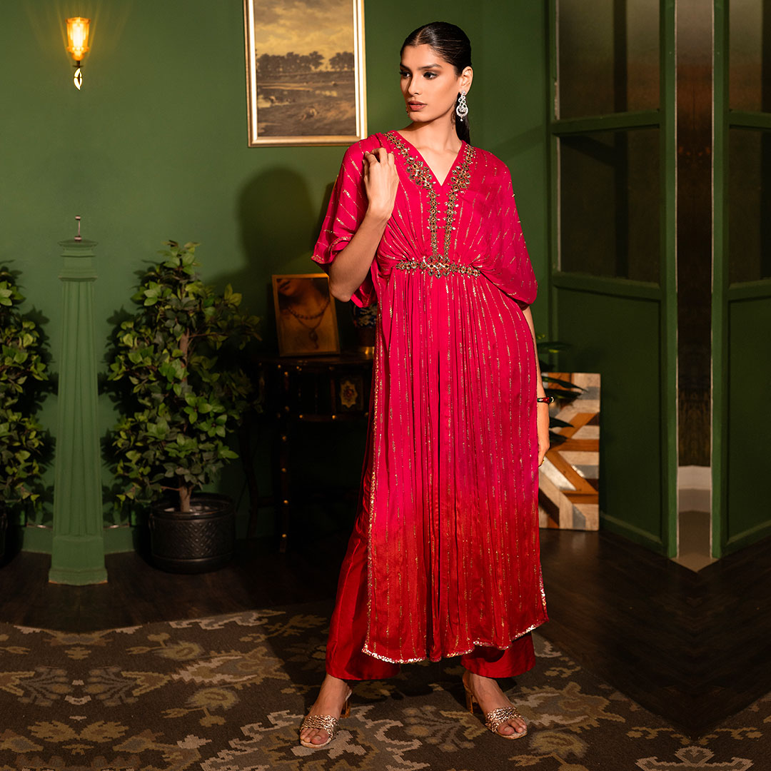 Rani Pink Pleated Long Slit Heavy Work Designer Dress Suvidha Fashion