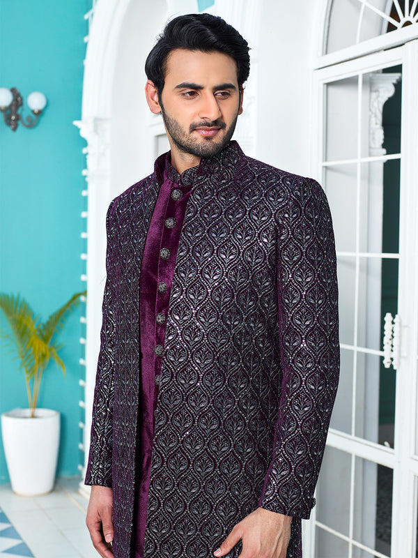 Royal Appeal Jacket Style Velvet Sherwani Set in Purple