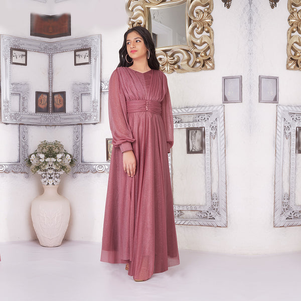 Grape Pink Color Party Wear Gown For Girls With Long Cape Sleeves