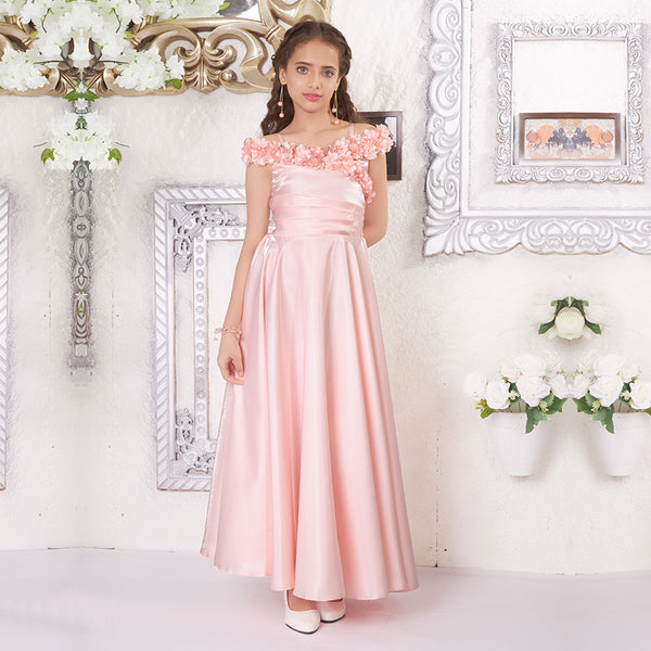 Peach Satin Frilled Off-Shoulder Gown for Girls