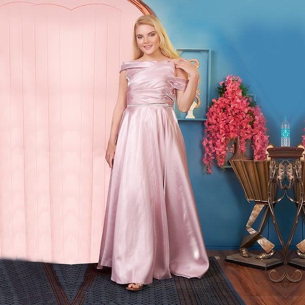 Off-Shoulder Patterned Baby Pink Satin Gown