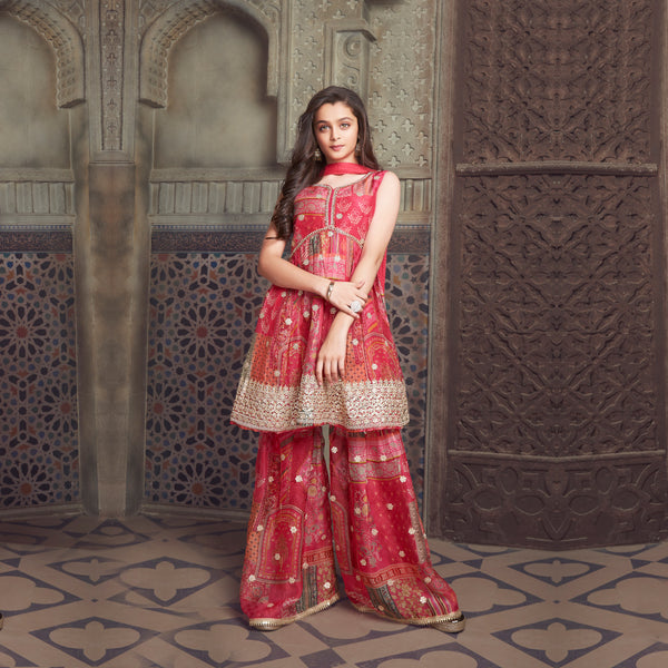 Digital Printed Red Gharara Set Adorned with Golden Threadwork