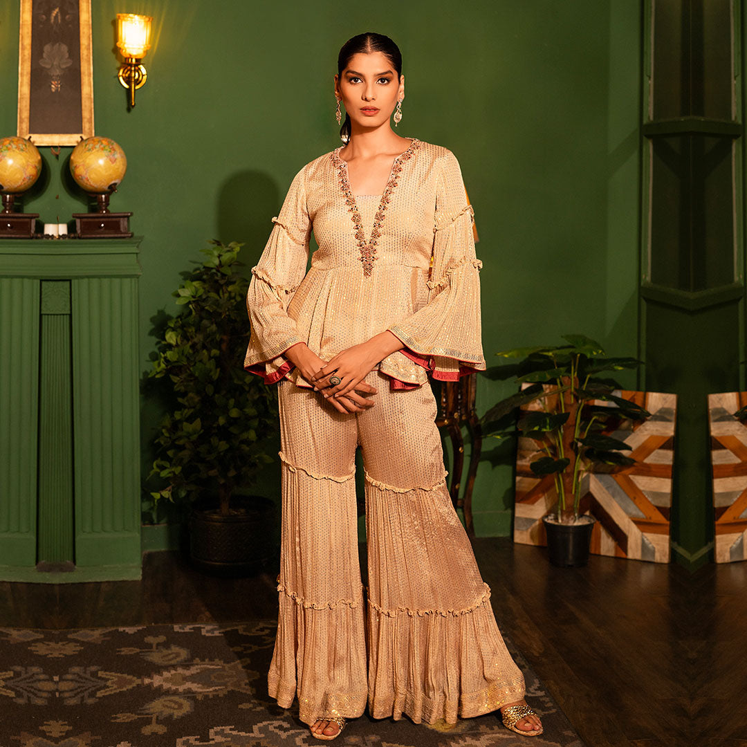 Light Golden Fit Flare Garara Set With Short Kurti Suvidha Fashion