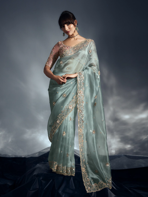 Emerald Green Organza Saree with Artistic Khatli Detailing