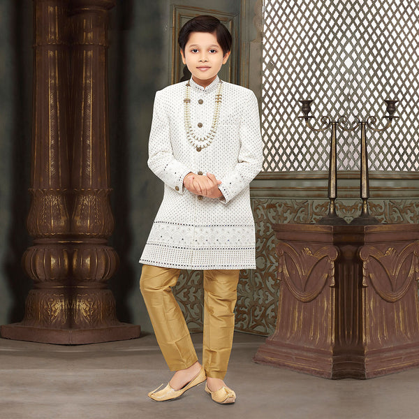 Little Prince in White Sherwani with Golden Pyjama