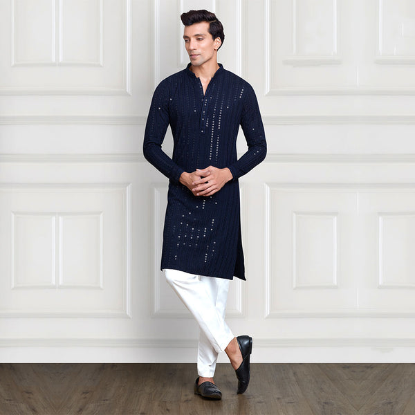 Navy Blue Embellished Pant Kurta Set With Polo Pant