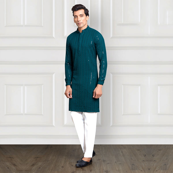 Sleek Pant Kurta Set in Peacock Green