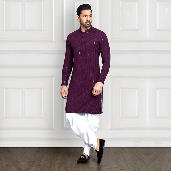 Sequined Threadwork Purple and White Peshawari Pants Kurta