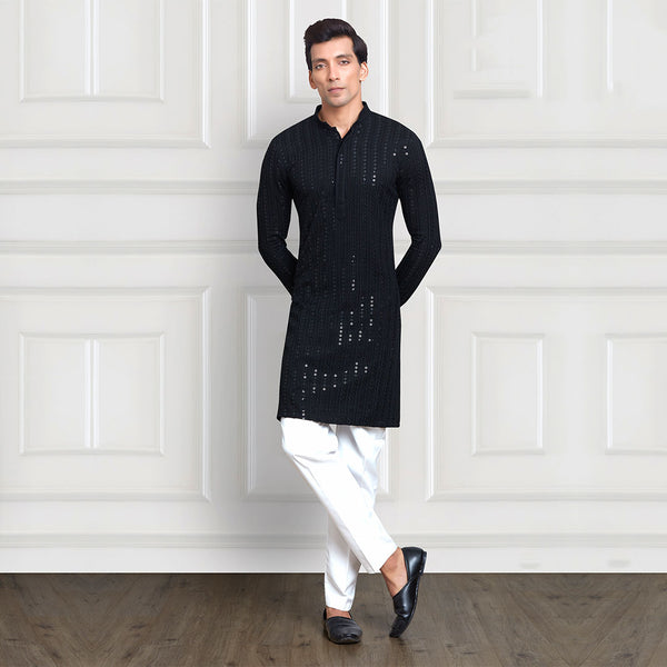 Embellished Kurta Pant Set in Navy Hue