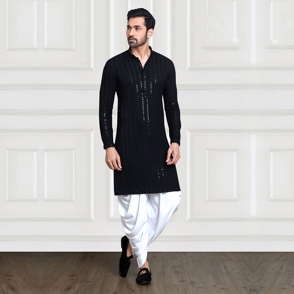 Black Threadwork Sequined Dhoti Pants Kurta Set