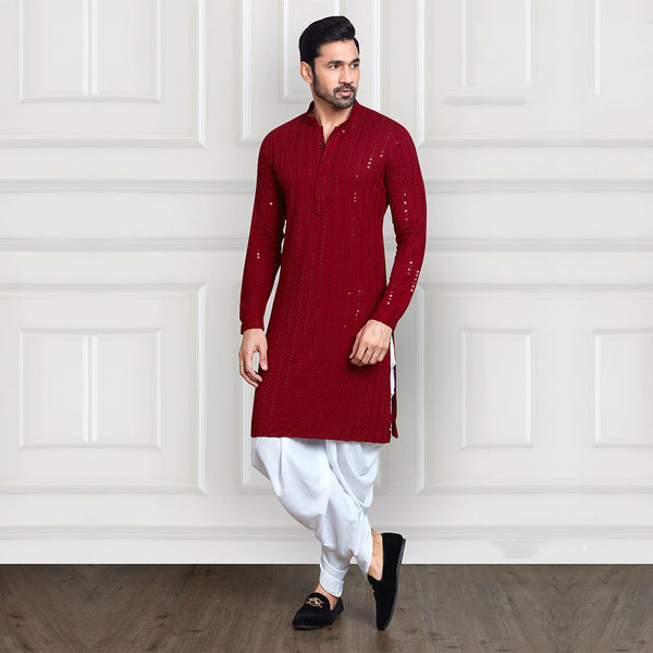 Maroon and White Embellished Peshawari Pant Kurta Set