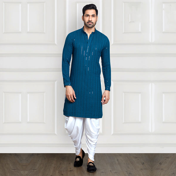 Cobalt blue sequined kurta with dhoti