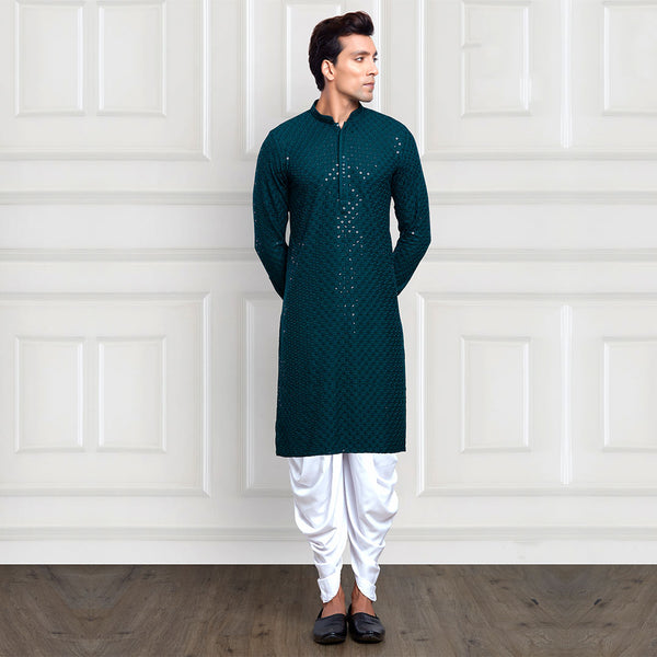 Heavy Sequined Dhoti Pant Kurta in Peacock Blue