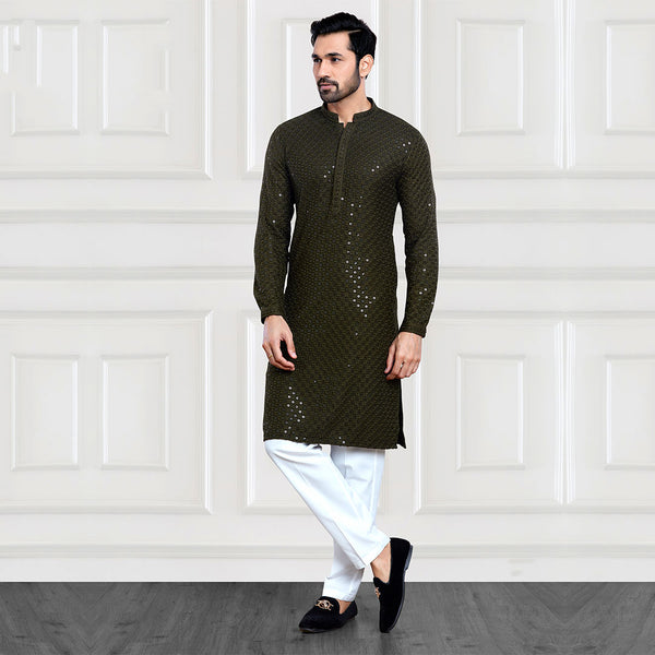 Alluring forest green sequined pant kurta set