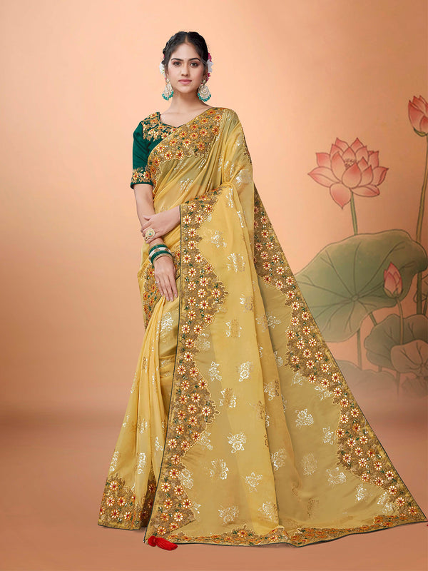Yellow Printed Organza Trendy Saree with Embroidered Border