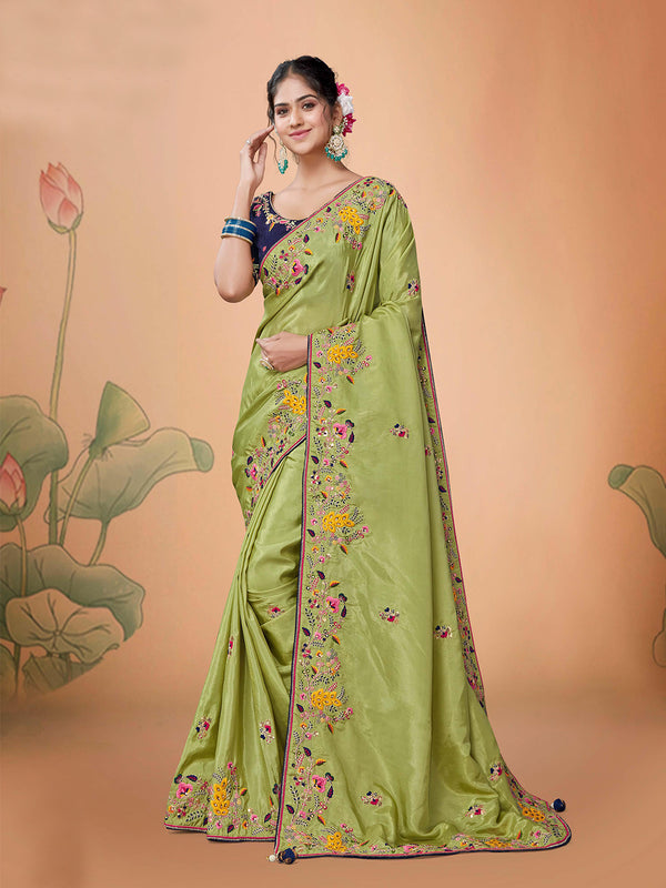 Light Green Simple Fine Embroidered Saree