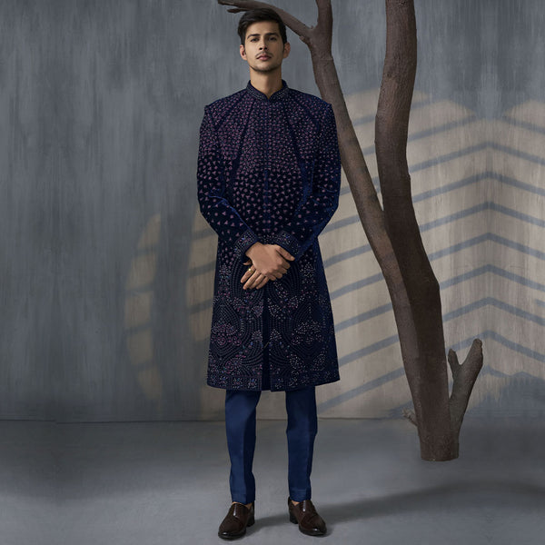 Opulent Blue Jodhpuri Sherwani with Embossed Brocade Design