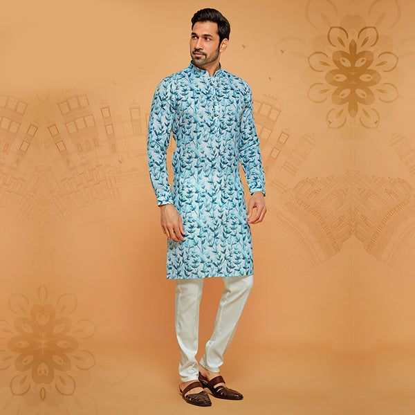 Floral Printed Kurta for Men in Shades of Blue