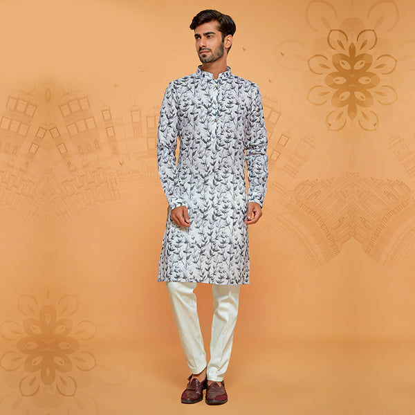 Printed Kurta for Men in Grey and White