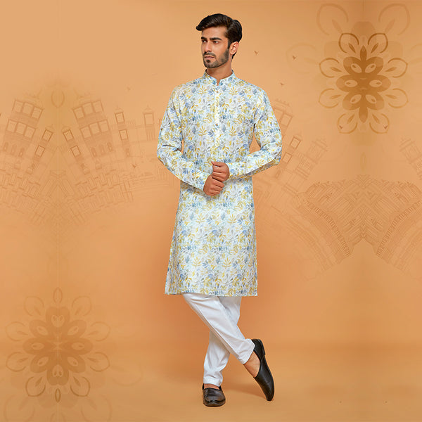 Coveted White Kurta Adorned With Yellow and Grey Print