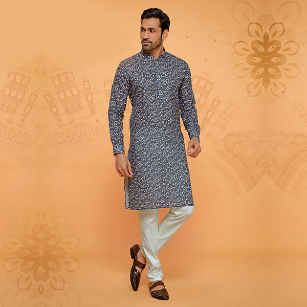 Traditionally Printed Grey Kurta for Men