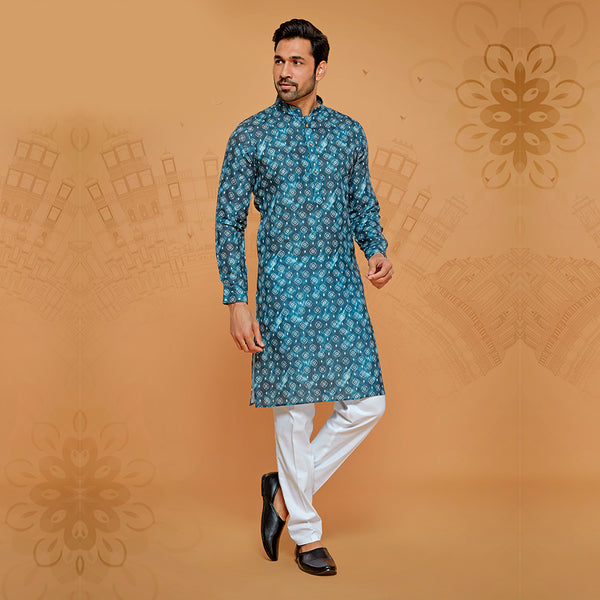 Abstract Printed Kurta in Blue for Men