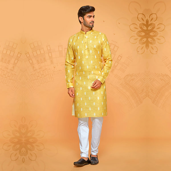 Simple Printed Kurta in Yellow for Men