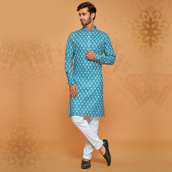 Festive Wear Blue Printed Kurta