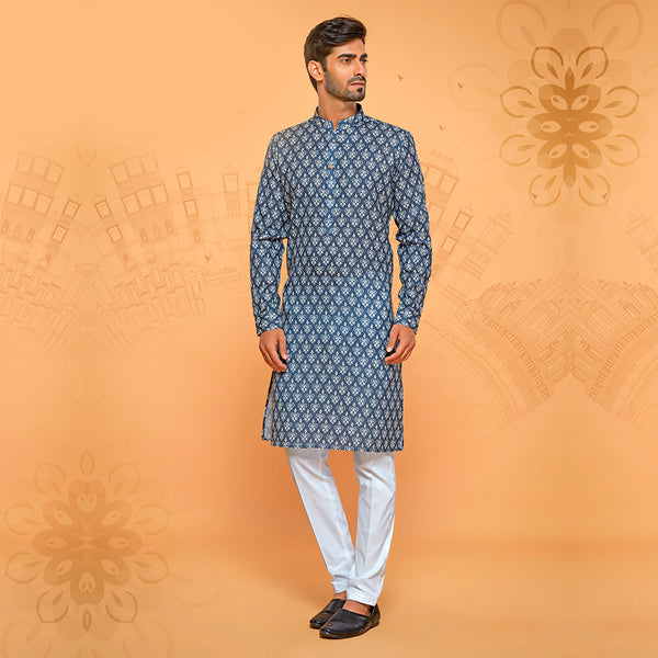 Dark Blue Printed  Cotton Kurta For Men