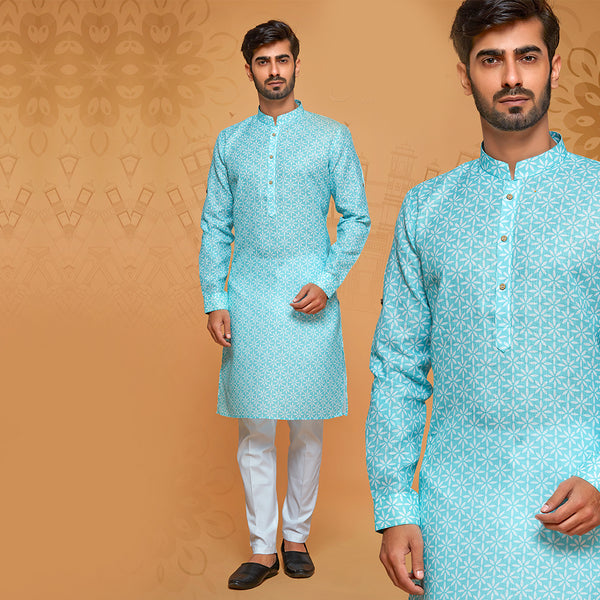 Light Blue Floral Printed Cotton Kurta