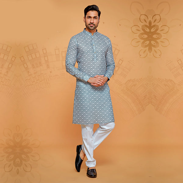 Men Grey Kurta Adorned With White Prints