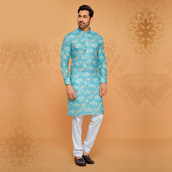 Delicate Floral Printed Blue Cotton Kurta