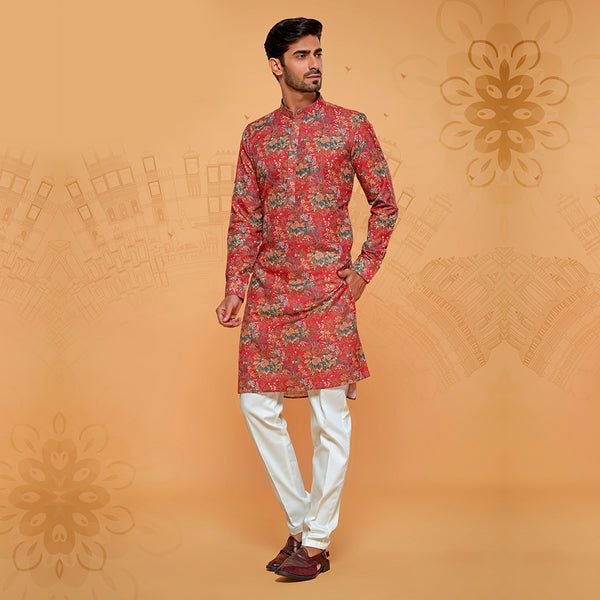 Traditional Cotton Kurta in Red for Men