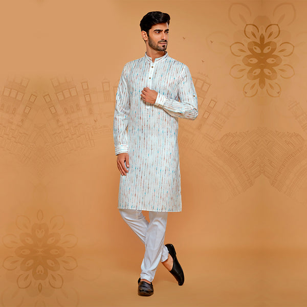 Striped Printed White Cotton Kurta