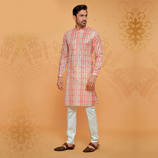 Men's Abstract Printed Cream and Pink Kurta