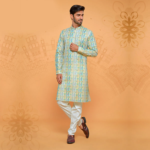 Men's Abstract  Printed White and Blue Kurta