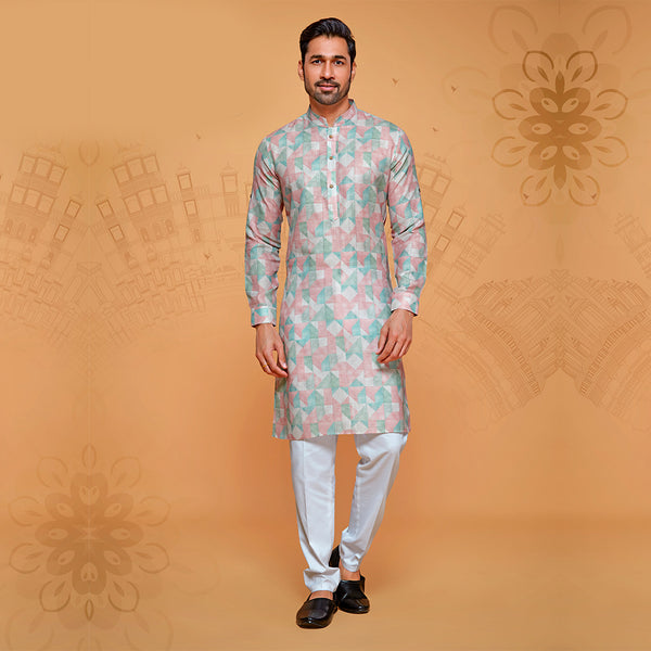 Geometric Printed Kurta in Shade of Pink and Green